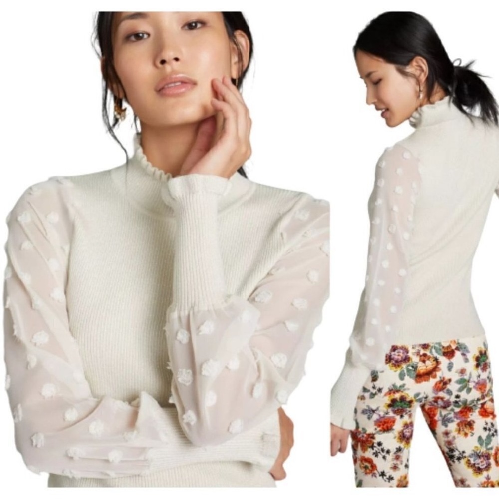 Callahan‎ Knit Sweater Size XS Ivory Mock Neck Sheer Feminine Romantic
